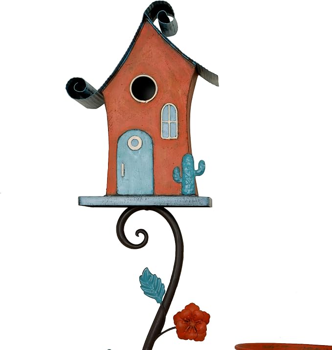 71" Tall Iron Fairy Tale Birdhouse with Bathing Platform, 1.2" Squirrel Guard Entry & Ground Spikes, Whimsical Garden Centerpiece Decoration
