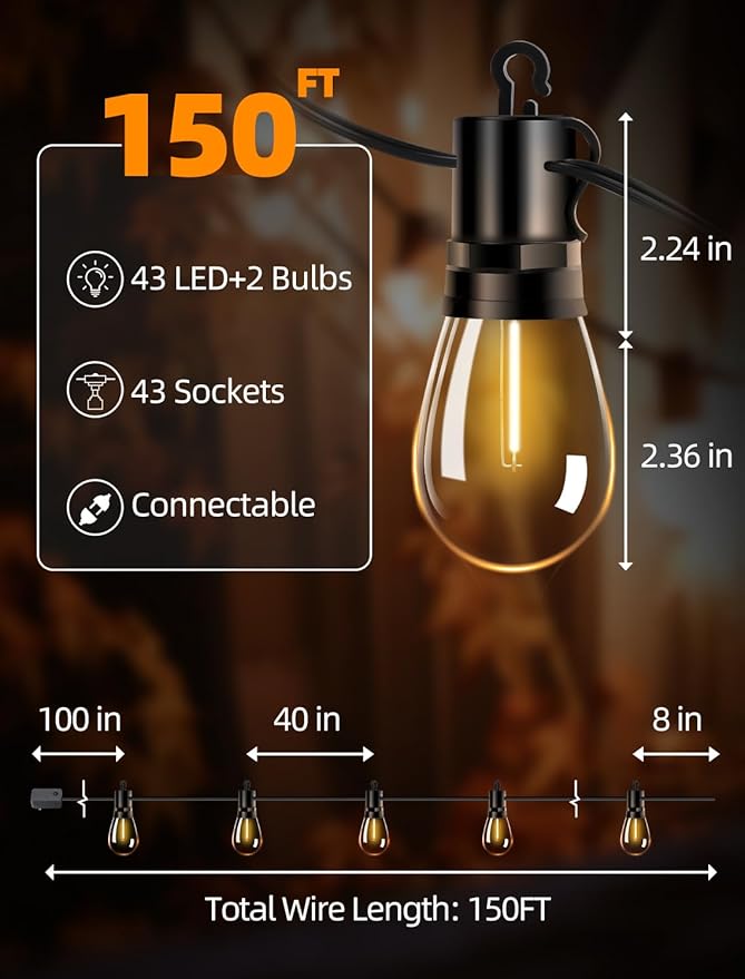 Outdoor Patio String Lights: S14 Shatterproof Bulb Outside Waterproof Light - 150Ft 45M Remote Dimmable Connectable Hanging Outdoor Electric Lighting - Garden Backyard Yard Gazebo Porch Party