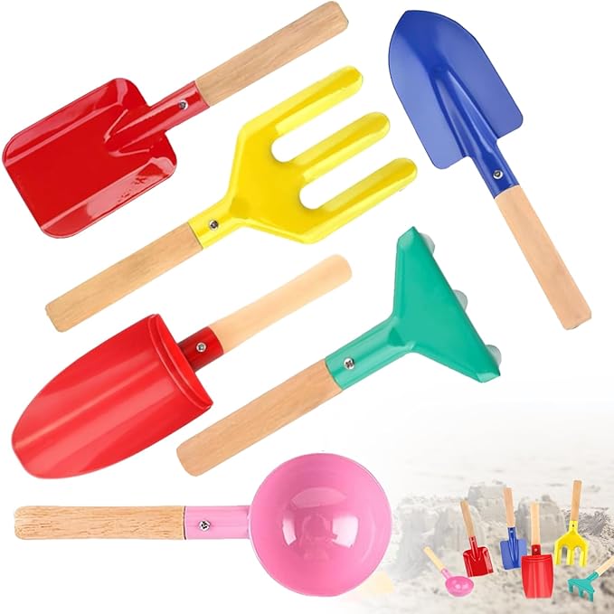Beach Toys, 6 Pcs Kids Gardening Set, 8'' Kid Metal Sand Toys Sandbox Toys with Sturdy Wooden Handle, Children Beach Sand Toys Gardening Set, Beach Shovels for Kids Ages 3-8