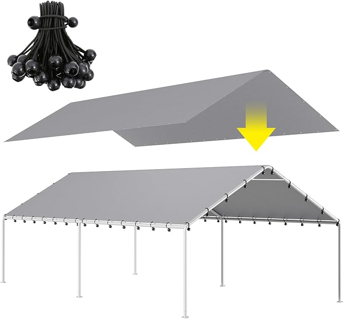 DWALE 10 x 20 Ft Carport,Replacement Canopy Cover Garage Top Tent Shelter Tarp,Grey with 48 Ball Bungee Cords Waterproof & UV Protected (Only Tarp Cover, Frame Not Include)