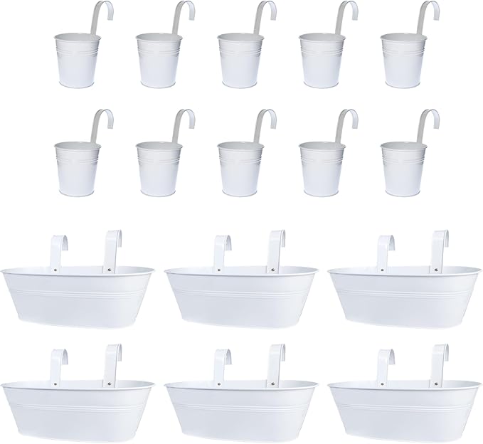 LaLaGreen Bundle- 10 Pack, 4 Inch Cute Size White Metal Pot + 6 Pack, 15 Inch Large Metal Pot Outdoor Rail Planter Boxes with Hanger Hook Window Hanging Plant Flower Herb Bucket Fence Deck Patio Porch
