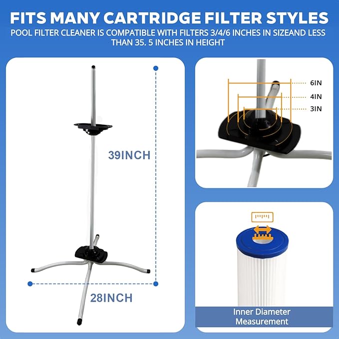 Pool Filter Cleaning Stand, Upright Stand for Cartridge Filters, Smooth Bearing-Assisted Spin, Easier Upright Rinsing for Routine Pool Maintenance, Fits 3”/4”/6” Center-Hole Filters Up to 35”