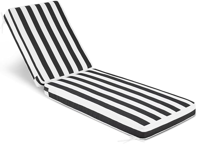 Sundale Outdoor Olefin Chaise Lounge Cushion, Water-Resistant Patio Lounge Chair Cushion, Thick Lounger Pad with 4 Straps Cabana Stripe Black, 72 x 21 x 4 Inches