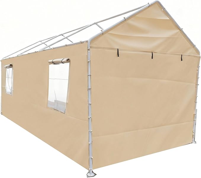 Rutile 10x20 Carport Replacement Sidewall, 180G PE Waterproof & UV Protected Sidewall Cover (Beige, Sidewall Panel with Mesh Windows)