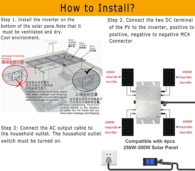 Y&H 1200W Solar Grid Tie Micro Inverter with AC Data Monitoring Display Screen Waterproof IP65 MPPT DC28-50V PV Input AC80-160V Output for 36V Solar Panel