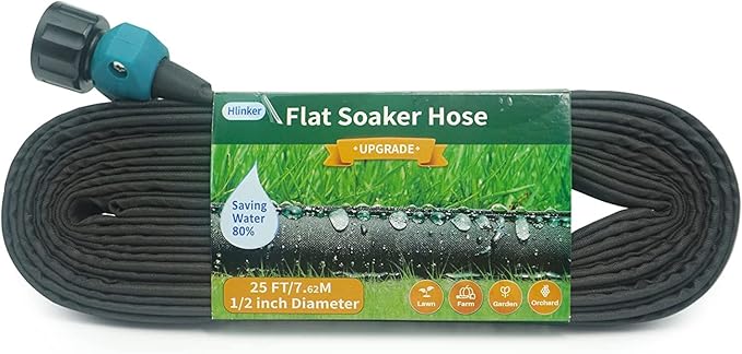 Hlinker Flat Soaker Hose 25 FT for Garden Beds, 25Ft 1/2" Linkable Consistent Drip Irrigation Hose Save 80% Water, Leakproof Heavy Duty Double Layer Sprinkler Hose