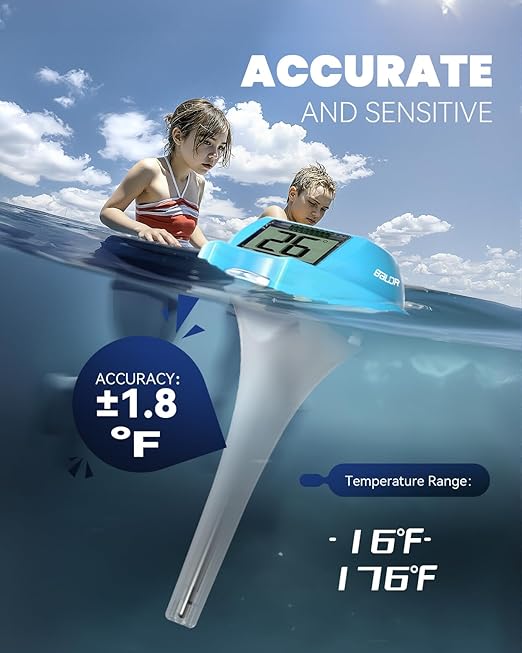 BALDR Pool Thermometer Floating Easy Read, Solar Digital Pool Thermometer with Dual Large Screens, IPX7 Water Temperature Gauge for Inground Above Ground Pools & Spas (Light Blue)