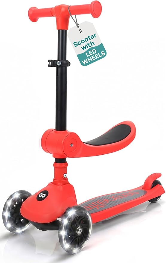 SereneLife 3 Wheel Scooter for Toddlers & Kids, Foldable Seat, LED Wheels, Adjustable Handlebar, Anti-Slip Deck, Rear Foot Brake, Lean-to-Steer, Kid Scooter, Supports up to 110 lbs (Red)