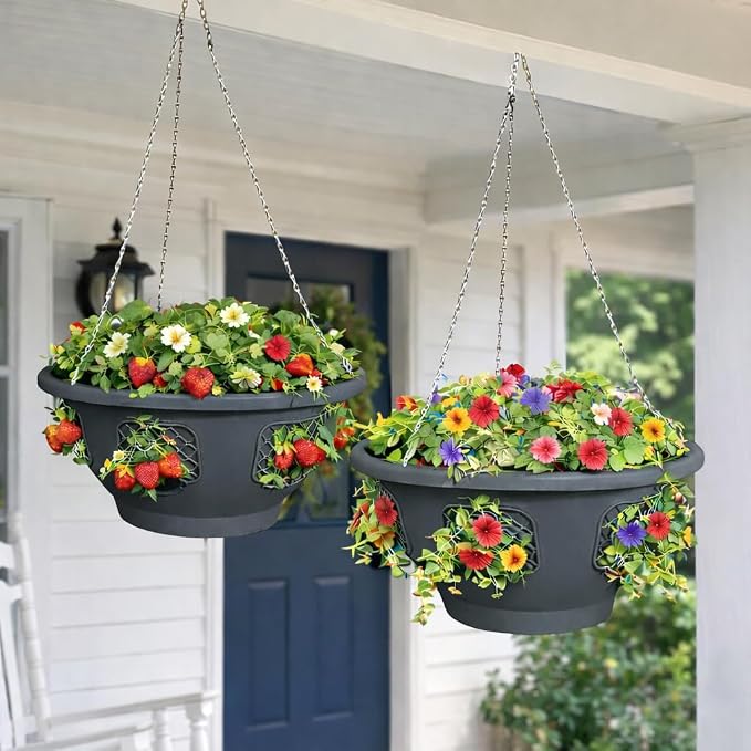 Hanging Planter Basket 20 Pack Bulk, Easy Fill Strawberry Planter, Outdoor Hanging Basket with Side Planting Panels, Durable UV Resistant Planters, Made in USA (20, Gray)