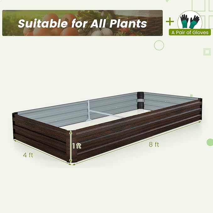 Giantex 8x4x1ft Metal Raised Garden Bed, Planter Box with Protective Edges, Gloves, Outdoor Raised Bed for Vegetables, Flowers, Fruit, Herb, Plant Garden Container for Lawn Backyard Patio