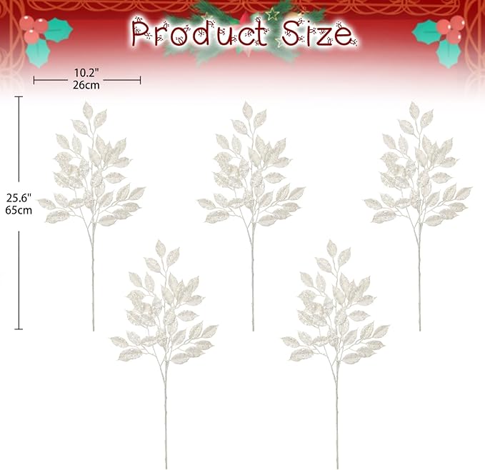 25.6" Christmas Glitter Leaves Stems, 5Pcs Artificial White Leaf Spray Leaf Picks Tall for Christmas Tree DIY Xmas Wreath Garland Arrangment Vase Bouquets Table Centerpieces Decoration Home Decor