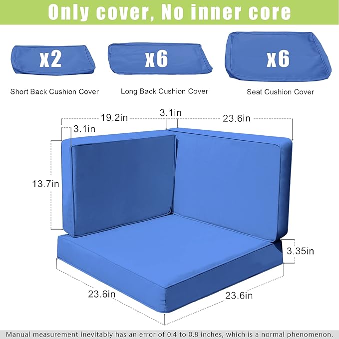 14Pieces Patio Cushion Covers Replacement Outdoor Couch Cushions Covers Splashproof Sofa Slipcovers Set with Zippers,Patio Furniture Protector Cover Only(Blue, 23.6×23.6×3.35 inches)