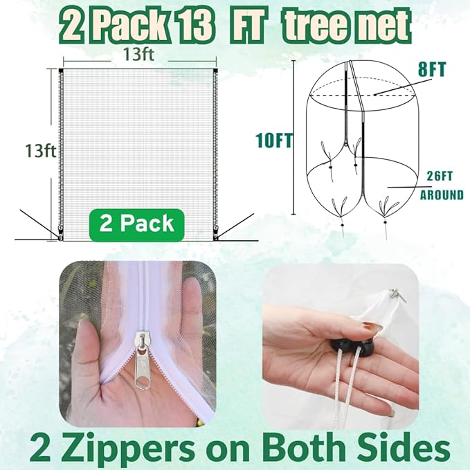 2 Pack 13x13ft Extra Large Fruit Tree Netting with Double Zipper & Double Drawstring, Heavy Duty Bird Netting for Fruit Trees, Reusable Tree Nets to Protect from Birds, Squirrels, Deer