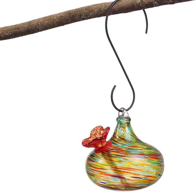 Red Carpet Studios Hummingbird Feeder Hand-Blown Art Glass, Hanging Birdfeeder with Red Flower Feeding Port, 5.5" Teardrop Green