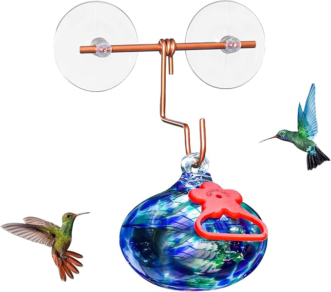 Window Hummingbird Feeder with Suction Cups,Hand-Blown Glass Hummingbird Feeders for Outdoors Window Mounted with Metal Hook,Close Bird Watching,Finch in Garden,Yard(Dotted Blue)