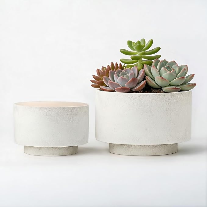 Succulent Pots, 8 Inch + 6 Inch Plant Pots with Drainage Hole, Indoor Outdoor Glazed Ceramic Planter, Set of 2 Modern Round Flower Pots for Plants, White