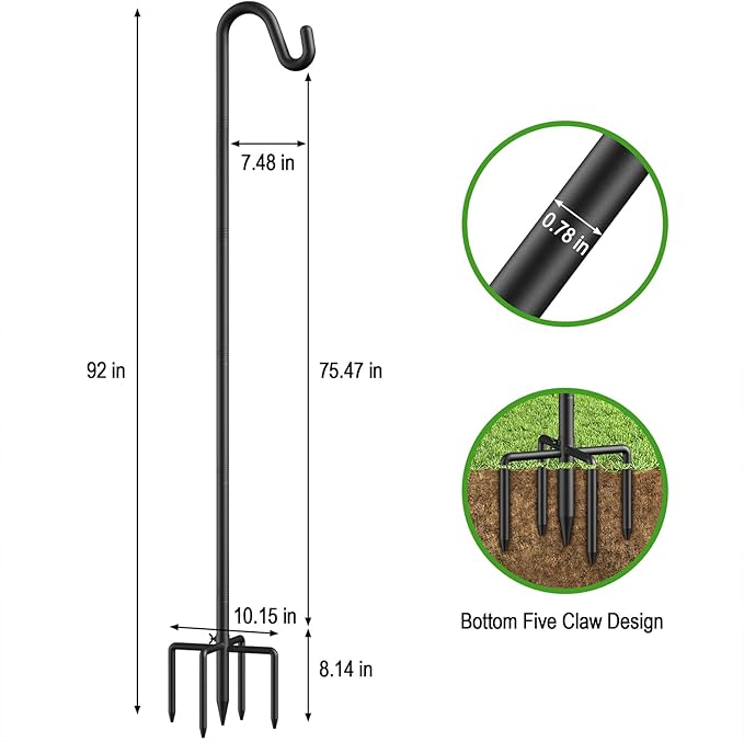 92" Heavy Duty Bird Feeder Pole, Height Adjustable Shepherds Hook for Outdoor - 5-Prong Bird Feeder Hanger, Rust-Proof Hanger for Plants, Wind Chimes, Hummingbird Feeders & Wedding Decor