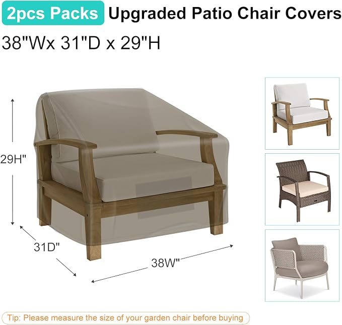 Patio Chair Covers for Outdoor Furniture Waterproof 2 Pack, Lawn Chair Covers 600D Heavy Duty Oxford Cloth, Large Covers for Lounge Lawn Deep Seat 38" W x 31" D x 29" H-Brown