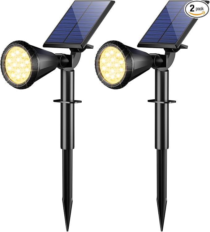 WELALO Solar Spot Lights Outdoor Waterproof IP65, 2 Pack 4 Lighting Modes Solar Powered Landscape Spotlights with Auto On/Off, Solar Garden Christmas Yard Pathway Wall Lights for Outside, Warm White