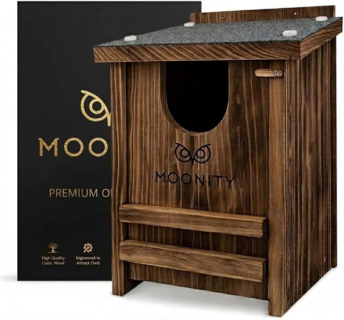 MOONITY Fire-Treated Cedar Owl House with Asphalt Roof – 14" x 9" x 9" All-Season Nesting Box for Screech, Kestrel & More – Durable, Weatherproof & Easy to Install