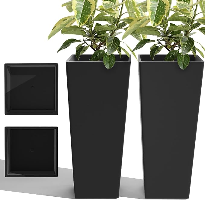 24in Tall Planters Set of 2 with Saucers, Black Classic | Built-in drainage system, Durable composite plastic, Fade-resistant design, Weather Resistant, Patio & porch decor
