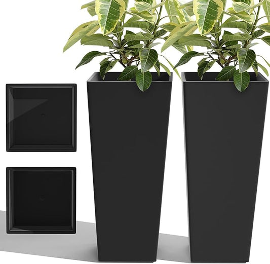 24in Tall Planters Set of 2 with Saucers, Black Classic | Built-in drainage system, Durable composite plastic, Fade-resistant design, Weather Resistant, Patio & porch decor