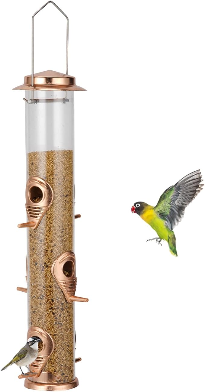 ERYTLLY Metal Bird Feeders 6 Port Tube Bird Feeder for Wild Birds, 1.4mm Extra Thick Solid Tube Transparent with Steel Hanger for Outside
