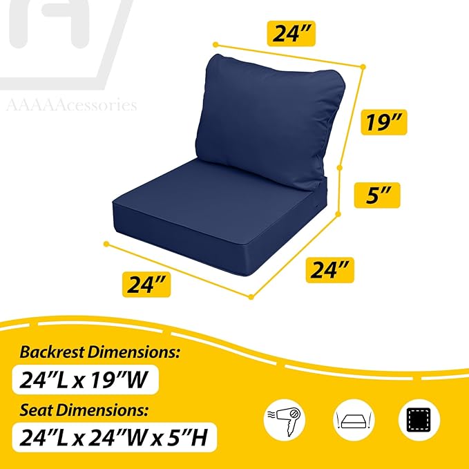 AAAAAcessories Outdoor Seat Cushions for Chairs, Fade-Resistant, Waterproof Patio Furniture Replacement Cushions, 24" x 24" x 5" + 24" x 19", Navy Blue