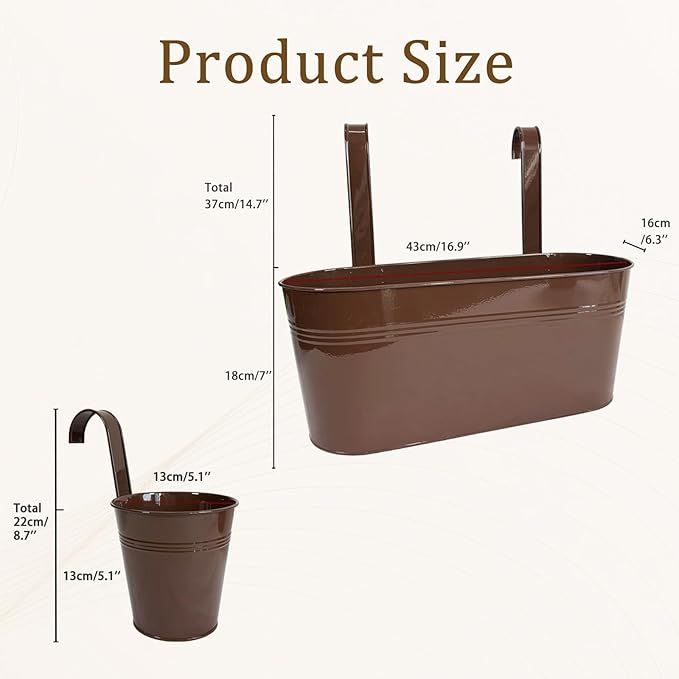 Set of 4 Outdoor Metal Railing Planters Box - 2 Pcs 5.12" Round Balcony Hanging Planter & 2 Pcs 17" Oval Fence Pot with Detachable Hooks Drainage, Chocolate