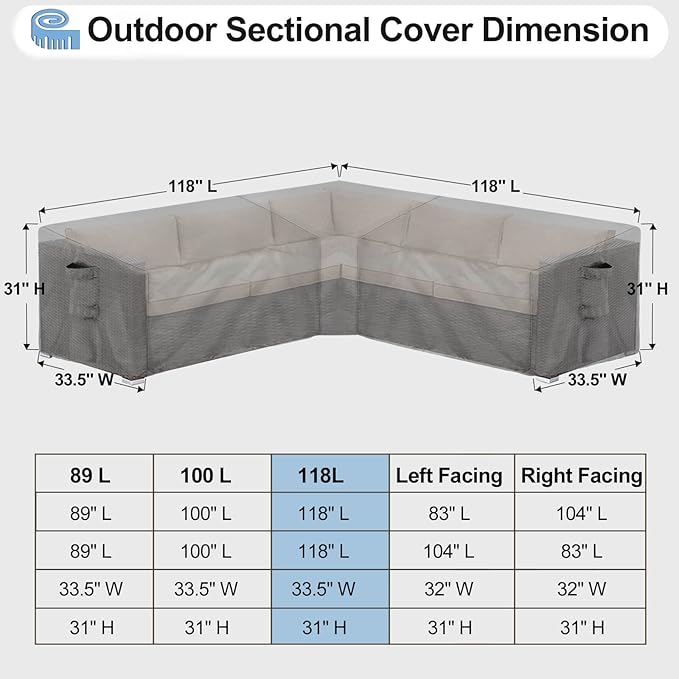OutdoorLines Waterproof Outdoor Patio Sectional Cover - UV Resistant & Windproof V-Shaped Patio Furniture Covers for Deck, Lawn and Backyard, 420D Heavy Duty Couch Cover 118" L (on Each Side) Grey