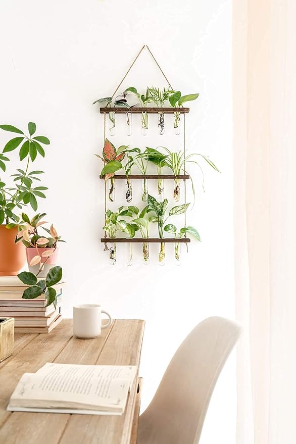 Mkono Plant Terrarium with Wooden Stand, Wall Hanging Glass Planter Desktop Propagation Bulb Vase Metal Swivel Holder Retro Rack for Hydropoincs Plants Home Office Decor（5 Bulb Vase）