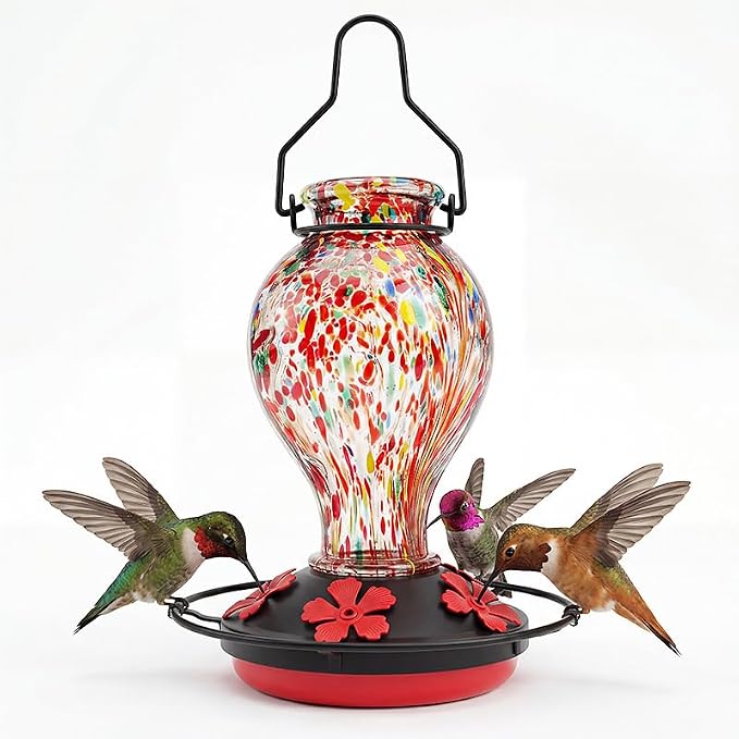 Hummingbird Feeder Colorful Blown Glass Outdoor Hummingbird Feeder with Ant Moat and 5 Feeding Ports for Outdoors Hanging Garden Decor, Bird Lovers (Red-2)