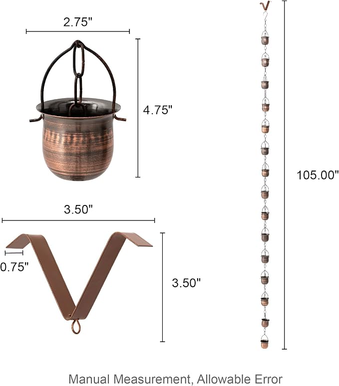 Glitzhome 8.5ft Rain Chain for Gutters 15-Piece Faux Copper Cup Shaped Catcher Replacement for Downpout