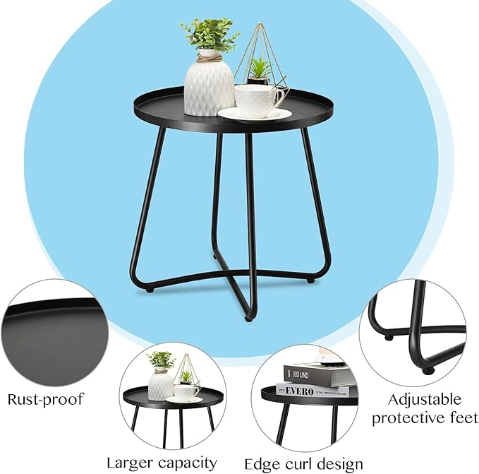 danpinera Outdoor Side Tables, Weather Resistant Steel Patio Side Table, Small Round Outdoor End Table Metal Side Table for Patio Yard Balcony Garden Bedside Black, Set of 2