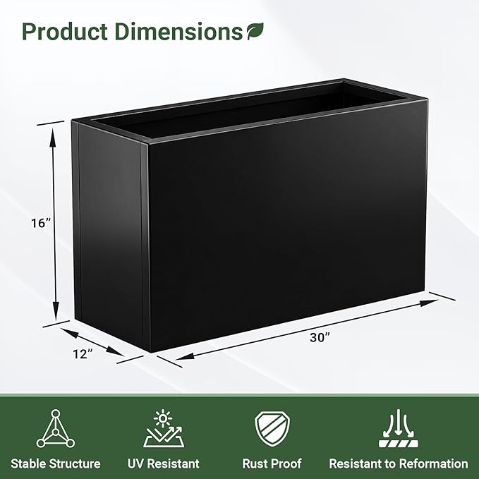 Metal Planter Box 30” x 12” x 16”, Heavy Duty Tall Rectangle Planter Box with with Drainage Holes & Rust-Proof Coating, Modern Outdoor/Indoor Black Planter Box for Porch, Garden, Patio, Yard