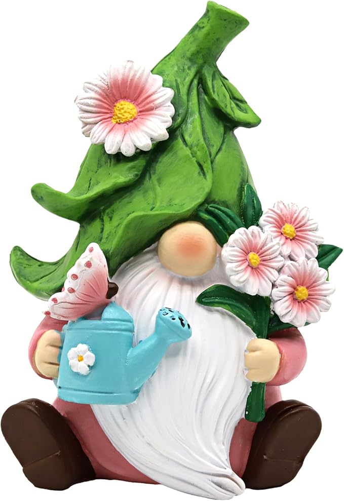 Spring Garden Gnome Figurine, 5.9in Resin Daisy Floral Gnome Decorations for Home Indoor Outdoor, Retirement Gifts for Women
