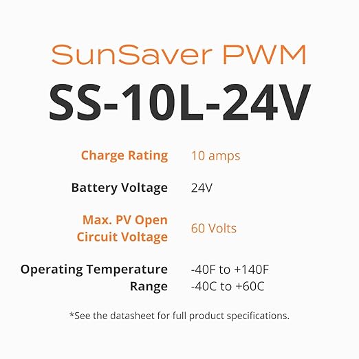 Morningstar SunSaver 10A PWM Solar Charge Controller (SS-10L-24V) - Solar Panel Regulator for 24V Batteries, Four Stage Battery Charging, LVD, HazLoc Rated, Low Noise, 5 Year WTY - Designed in the USA