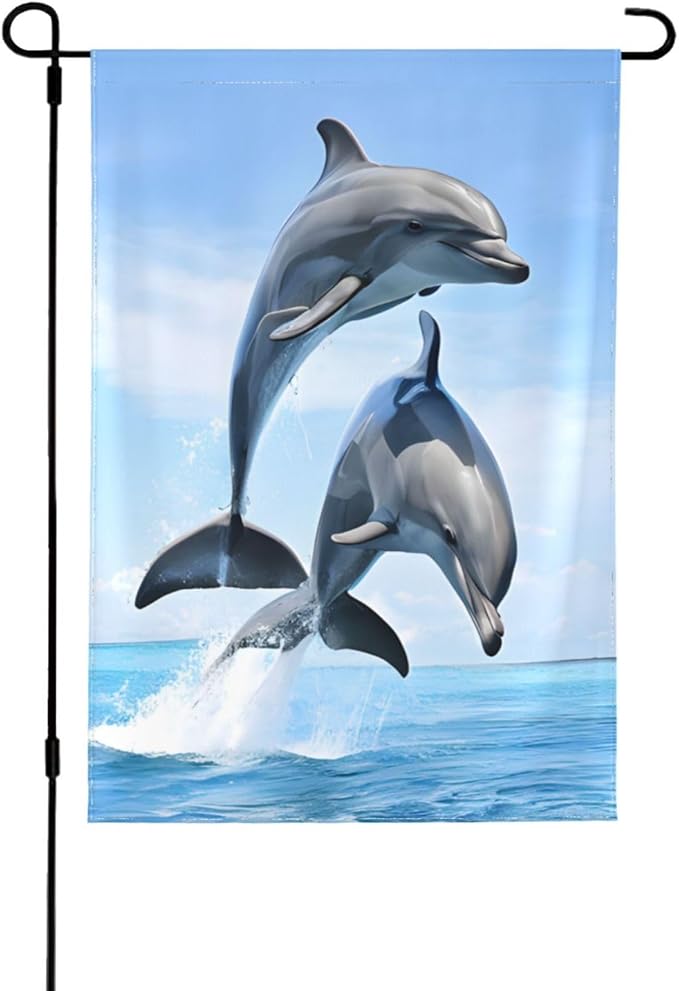 Delerain Dolphins Garden Flag, 12.5 x 18 Inch Double Sided Design Weather Resistant Indoor & Outdoor Decoration Small Banner for Home Yard Lawn Patio Office