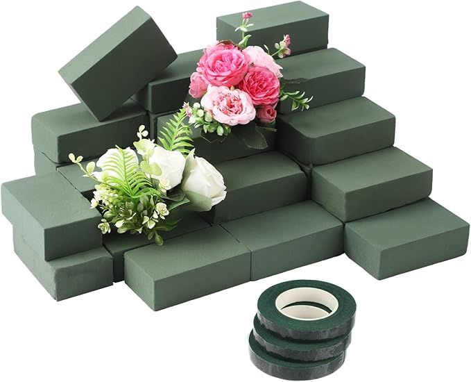 36 Pcs Floral Foam Blocks Set with 3 Green Tapes, Wet & Dry Flower Foam Bricks for Fresh and Artificial Arrangements, Green Florist Foam for Wedding, Party, Birthday, Home Decorations