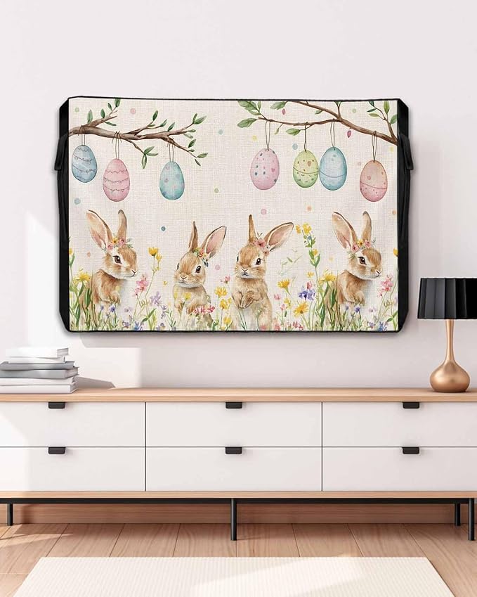 Easter Outdoor TV Cover for Outside Flat Screen,Farm Rabbit Egg 600D Thick Waterproof Weatherproof Outdoor TV Screen Protector with Zipper for 60 to 65 Inch Flat Screens Spring Flower Tree on Linen