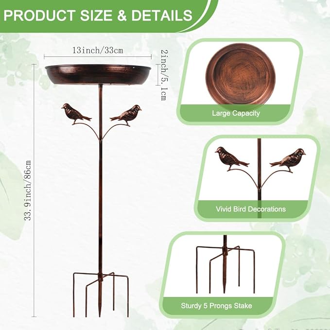 DREAMSOUL 13" Dia Bird Bath with 5 Prong Stake, 34 Inch Tall Bird Bath for Outside Metal Birdbath for Garden Yard Patio