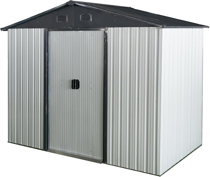 8x4 FT Outdoor Metal Storage Shed, Galvanized Steel Garden Shed with Window, Lockable Sliding Door, Sloped Roof, Ventilated Tool Storage House with Foundation Kit for Backyard Equipment, White+Black