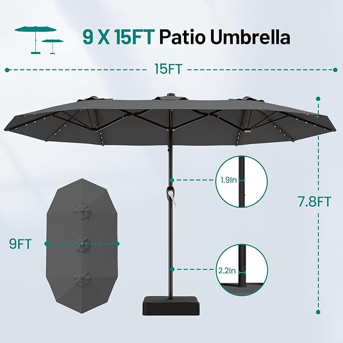 AreShark 15FT Patio Umbrella with Solar Lights, Double Sided Outdoor Table Umbrellas with Crank, Large Rectangular Market Umbrella for Porch, Lawn, Pool, Backyard, Gray