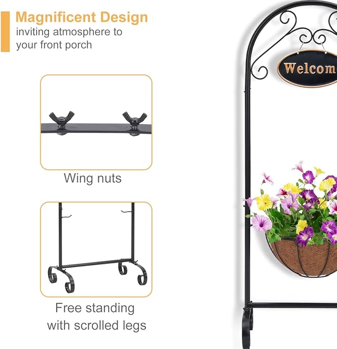 SUNNYPARK Black Metal Welcome Sign Hanging Basket Stand - 40 Inch Decorative Planter Holder for Outdoor/Indoor Plants, Flowers, Herbs - Rustic Garden Decor