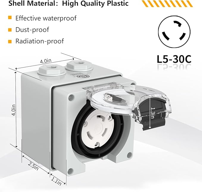 STARELO 30 Amp Locking Female Plug Box NEMA L5-30C Generator Twist Lock Adapter Female Connector,125 Volt,Outdoor dustproof and Weatherproof for generators, Welding Machines, etc.ETL Listed.