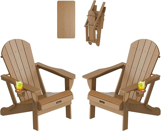 Plastic HDPE Adirondack Chair,Set of 2,Folding Adirondack Chair Weather Resistant with Cup Holder, Wooden Textured Fire Pit Outdoor Chair for Garden, Porch, Lawn, Backyard, Supports 380LBS, Teak