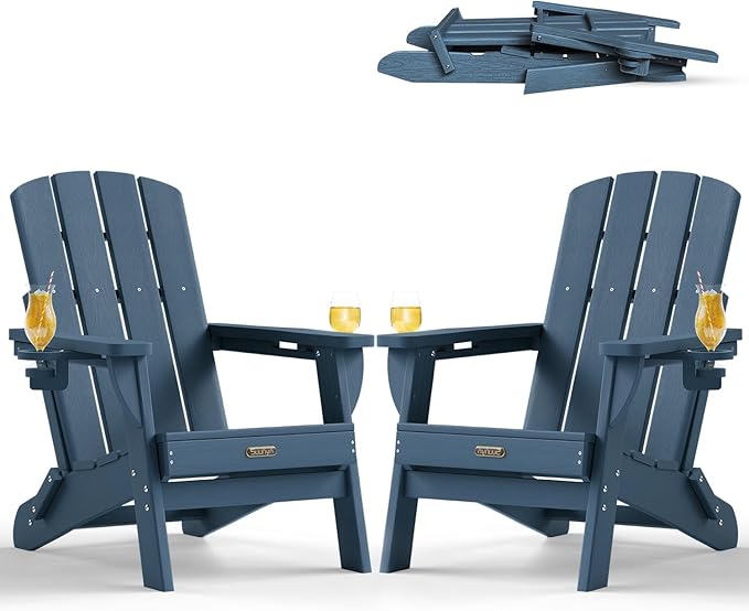 Folding Adirondack Chair 2 Pack, HDPE All-Weather Fire Pit Chairs, Plastic Adirondack Chairs with 2 Cup Holder, Outdoor Lawn Chair for Patio Garden (New Blue)