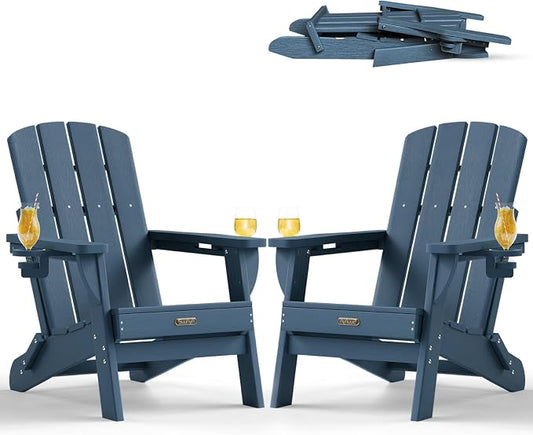 Folding Adirondack Chair Set of 2, HDPE Adirondack Chairs with 2 Cup Holder, Plastic All-Weather Fire Pit Chairs, Outdoor Lawn Chair for Patio Garden (New Blue)