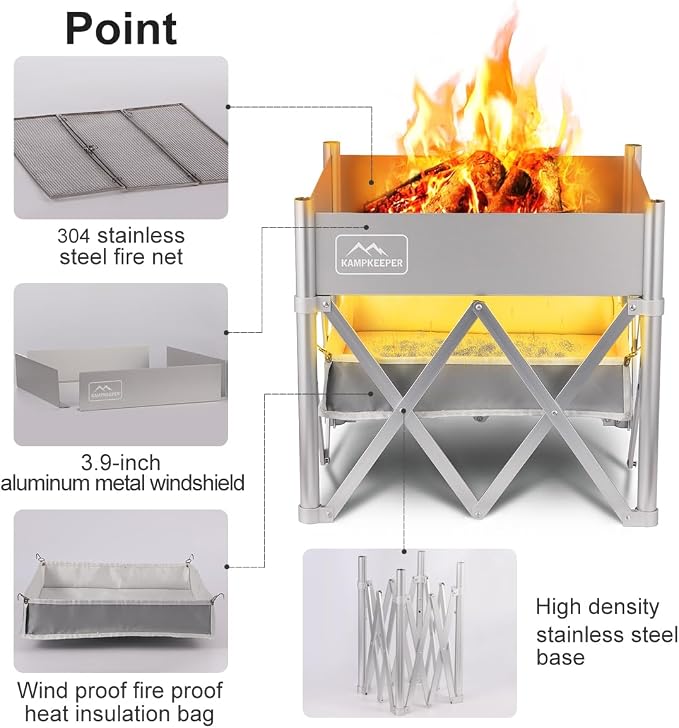 KAMPKEEPER Portable Fire Pit, Outdoor Tabletop Firepit 18 Inch, 304 Stainless Steel Wood Burning Fireplaces, Collapsible Pop Up Fire Pit for Outside, Included Heat Shield for Leave No Trace Fires