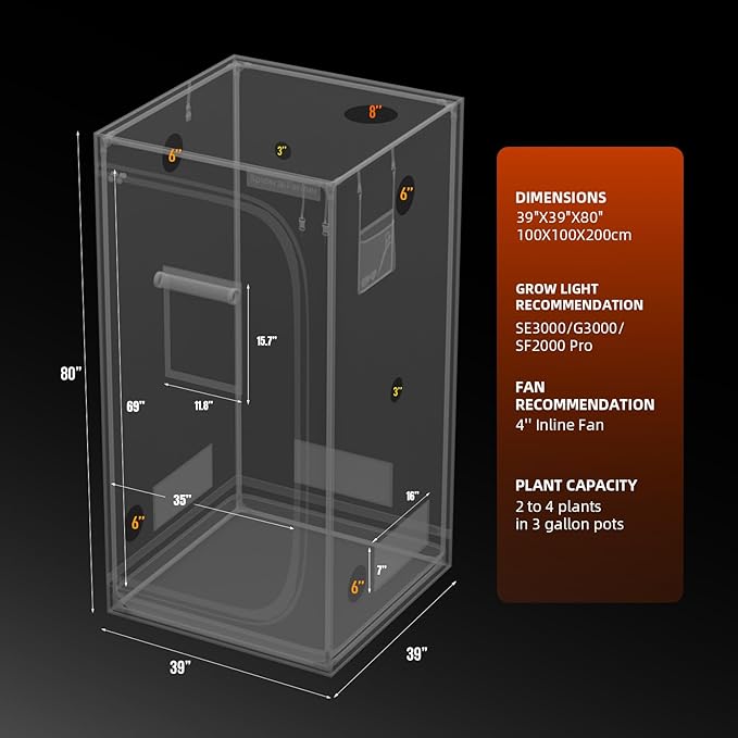 Spider Farmer 3.3x3.3 Grow Tent 2026 New, 39"x39"x80", with Controller Landyard, Enlarged View Window, 1680D Thicken Mylar Canvas for Indoor Hydroponic Growing for SE3000, G3000